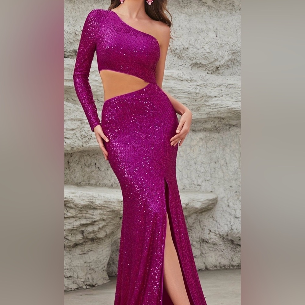Fuchsia One Shoulder Cut-Out Pleated Long Prom Dress with Long Sleeve